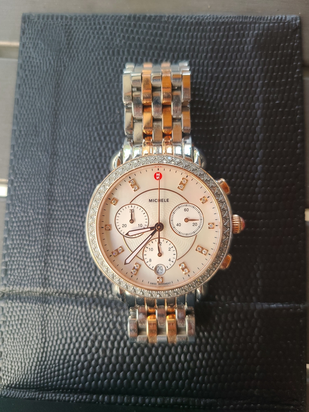 Michele Sidney Two-Tone Rose Gols Diamond Bezel Chronograph Watch MW30A01L8131